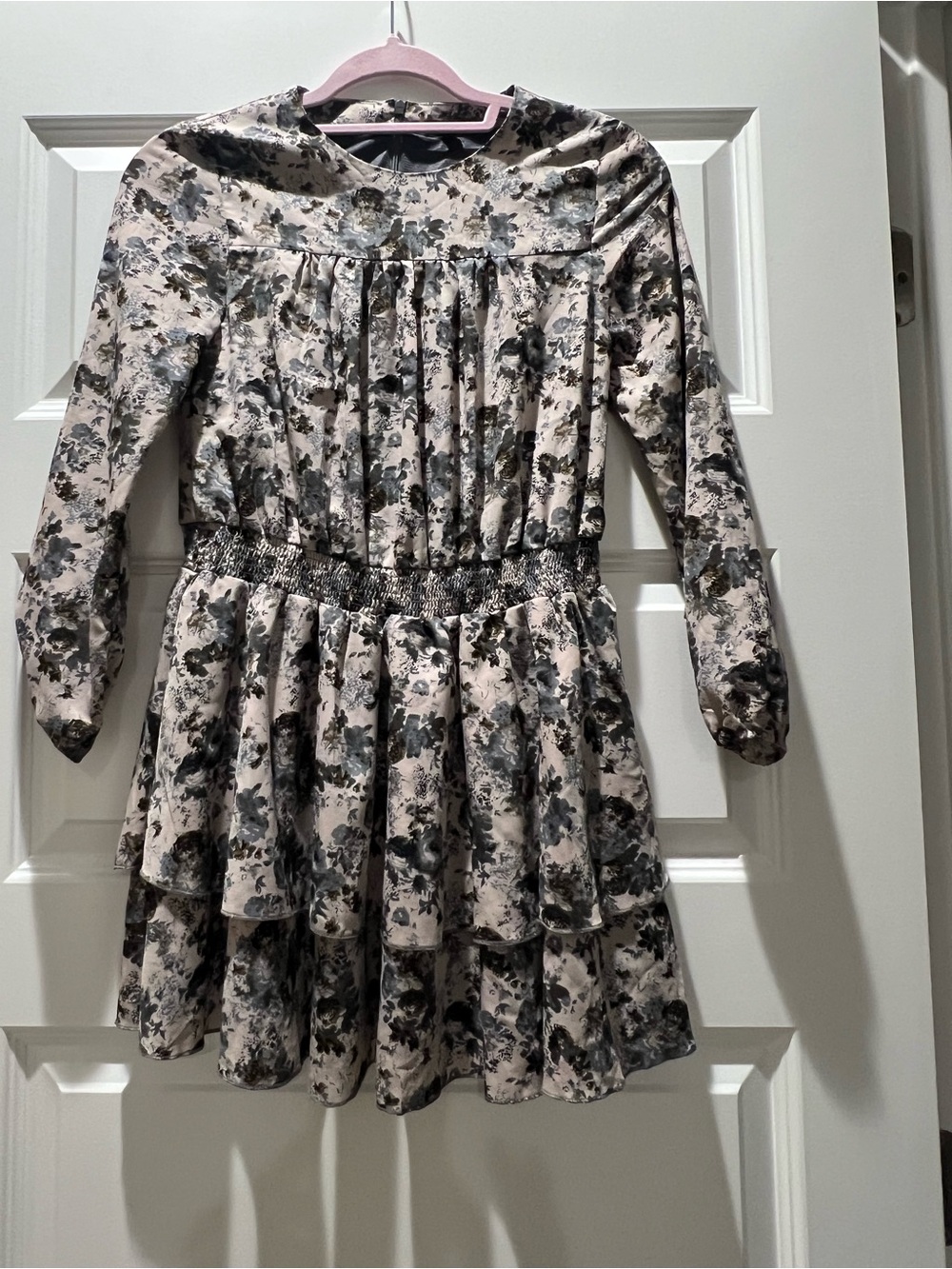 IMOGA Girls' Floral Tiered Long-Sleeve Dress in Blush Gray